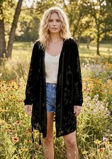 NEW Johnny Was L Large Black Burnout Velvet Hooded Kimono Hoodie Luxurious Wrap