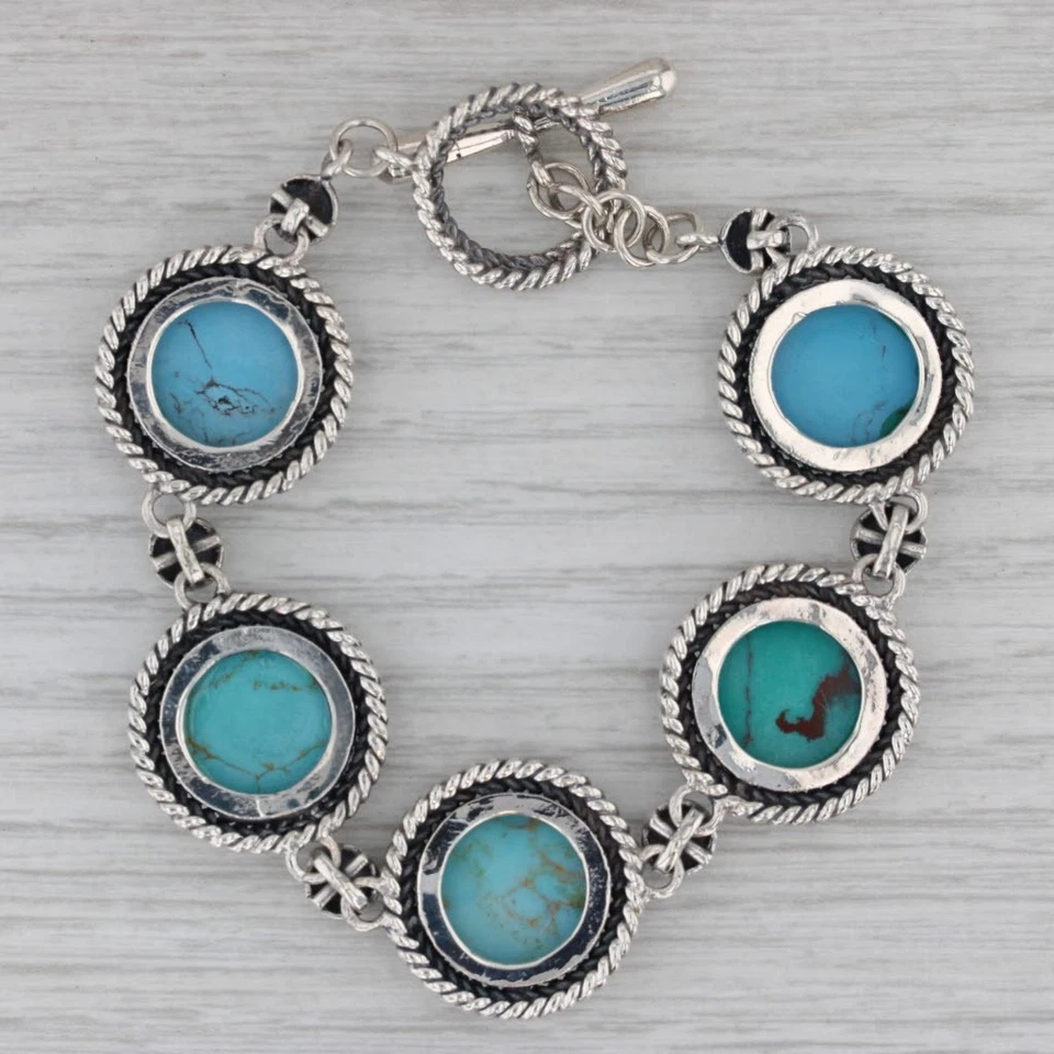 Simulated Turquoise Cabochon Link Bracelet Sterling Silver 7" Artisan Signed CFJ - Image 3 of 4