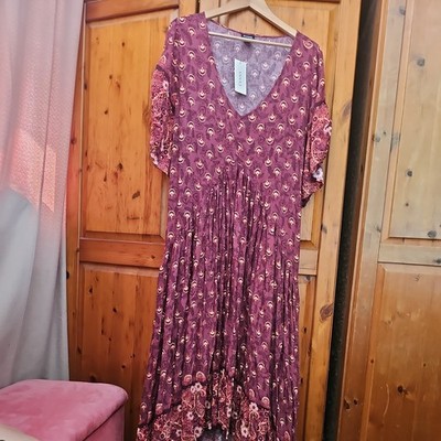 Evans Burgundy Purple floral paisley 70s dip hem tunic dress plus