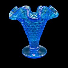 Fenton Glass Colonial Blue Hobnail Ruffled Edge Footed Vase 3952 CB ftd. Vase