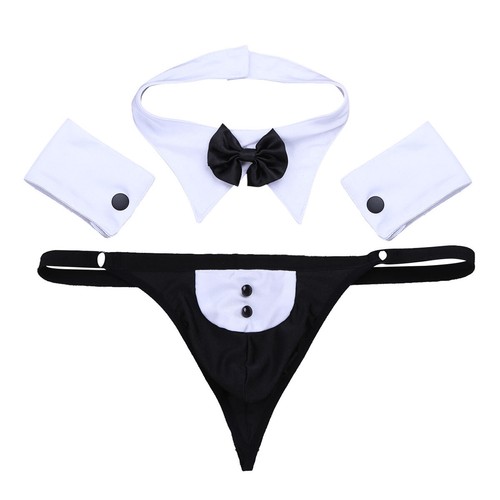 Men's Waiter Uniforms Underwear Set Gentleman Tuxedo Thong G-String + Bow Tie - 第 4/29 張圖片
