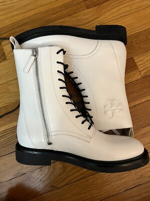 Tory Burch White Double T Combat Boots Size