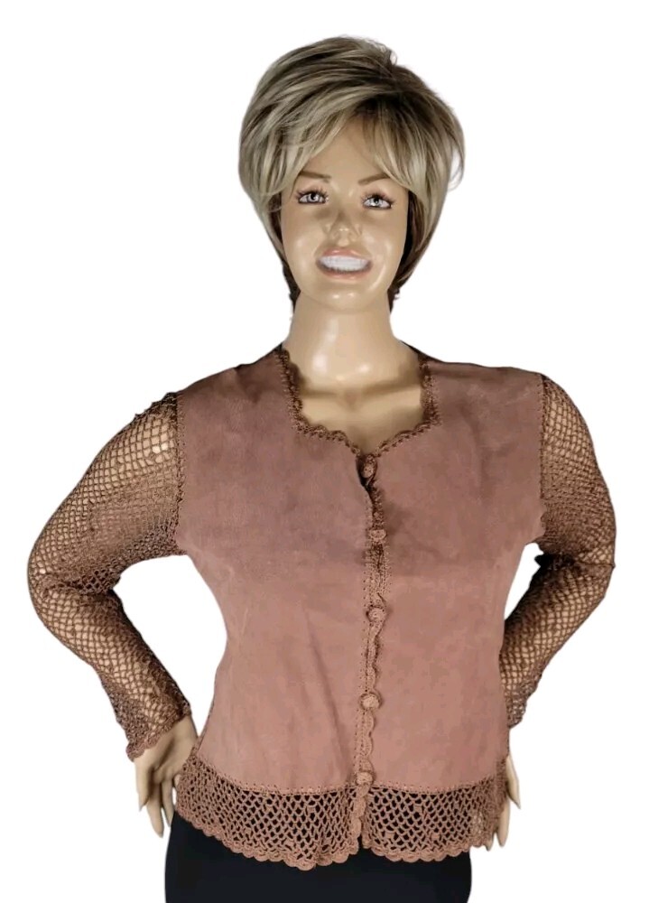 Vtg Y2K Kroshetta By Papillon Brown Leather Suede Crochet Boho