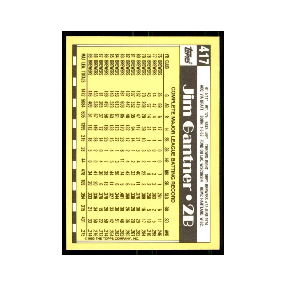 Jim Gantner 1990 Topps Tiffany #417 Milwaukee Brewers Baseball Card NM - Image 2 of 3