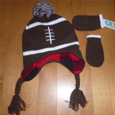 Baby Boys Brown Football Hat Fleece Lining & Mittens set Size 6/12 12/24 mo NWT
