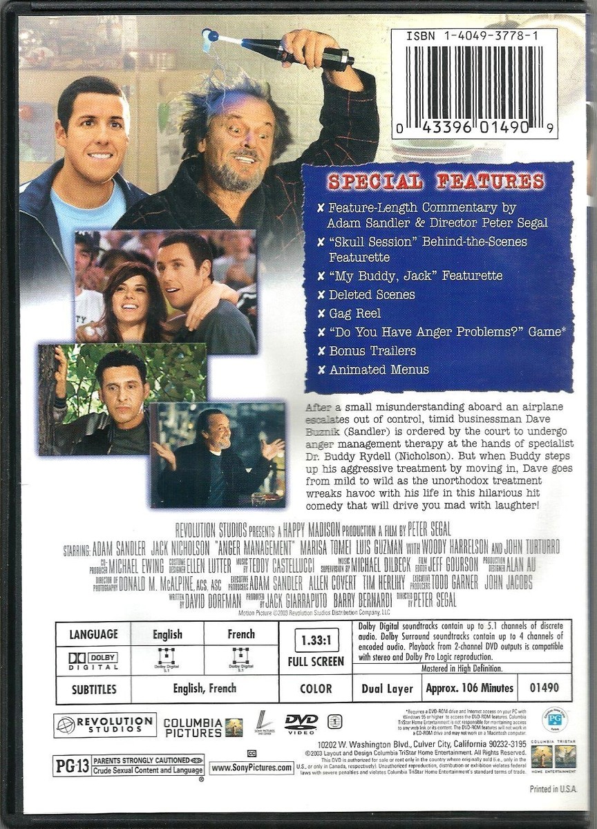 Anger Management DVD 2003 Adam Sandler Jack Nicholson Marisa Tomei