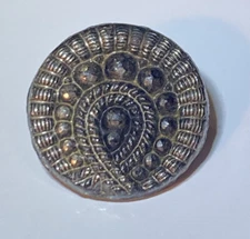 Antique Jet Black Glass Button Silver Luster Teardrop Design Tunnel Shank 9/16"