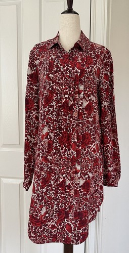 Tory Burch Size 8 Women’s 100% Silk Cora Long Sleeve Floral Shirt Dress Red