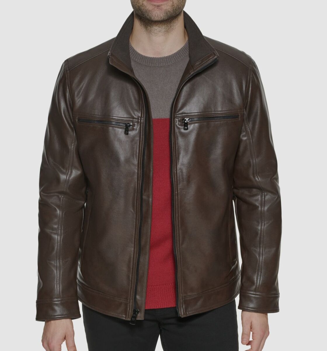$695 Calvin Klein Men's Brown Faux Leather Biker Full-Zip $695 Calvin Klein Men's Brown Faux Leather Biker Full-Zip