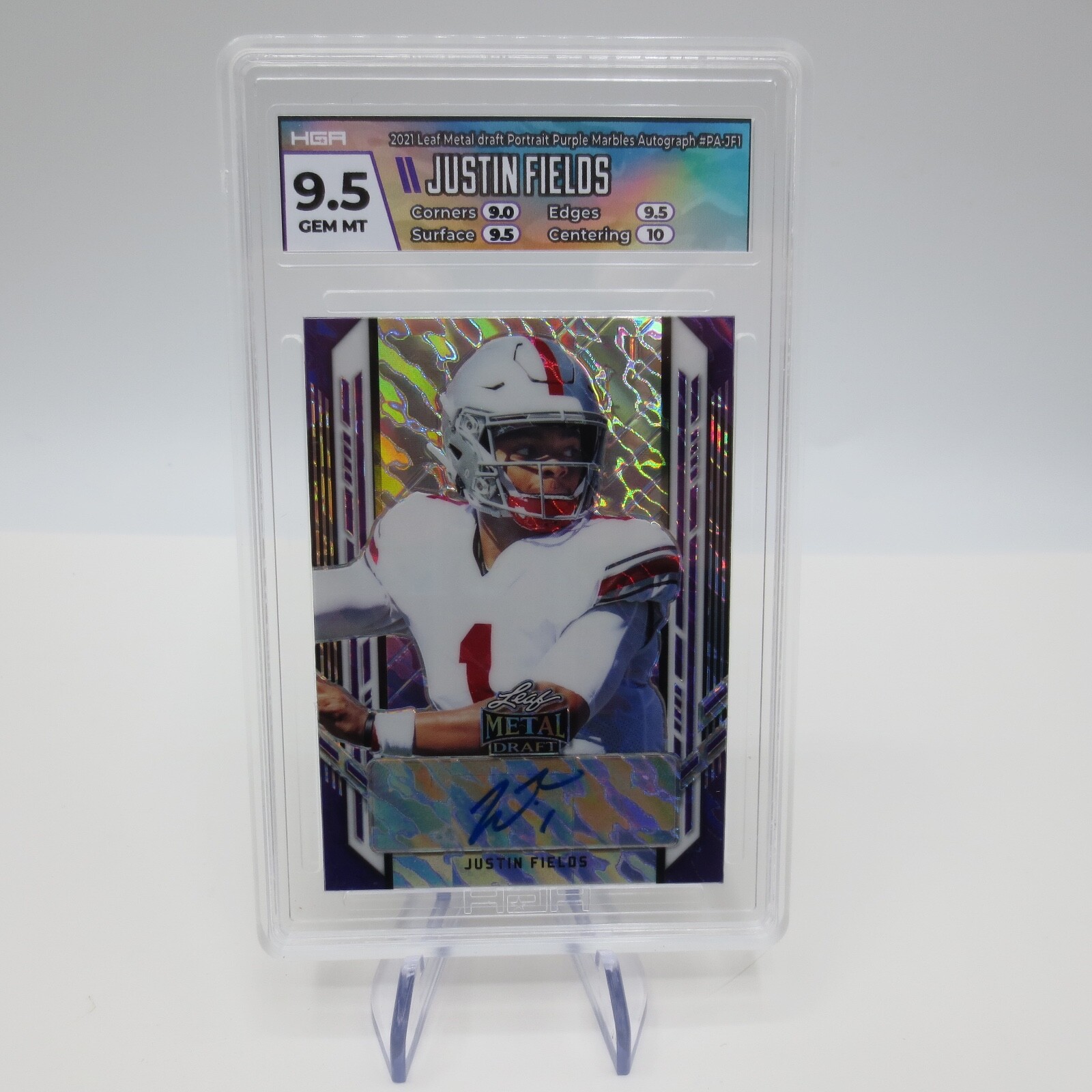 2021 Leaf Metal Draft Purple Marble Justin Fields RC AUTO 4/30 Bears HGA 9.5
