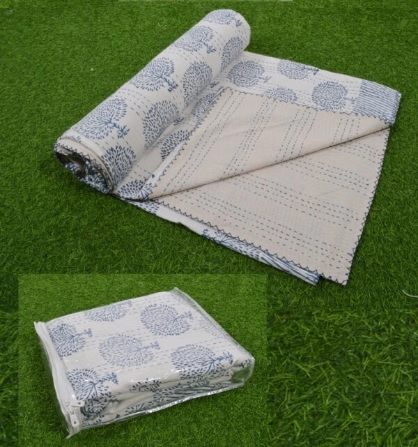 Blue Bed Runner Kantha Quilt Tree Print Ralli Gudri Queen Bedspreads Throw - Image 4 of 4