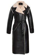 Womens Shearling Lined Trench Coat Black Faux Fur Jacket Size 16 8 10 12 14 New