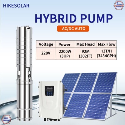 Hybrid Solar Water Pump 4'' AC/DC 3HP SS304 Impeller Livestock Drinking Deep Well