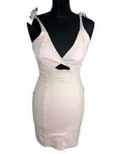 Bodycon Mini Dress Women’s UK Size S Beige Tie Straps Front Cut Out V-Neck