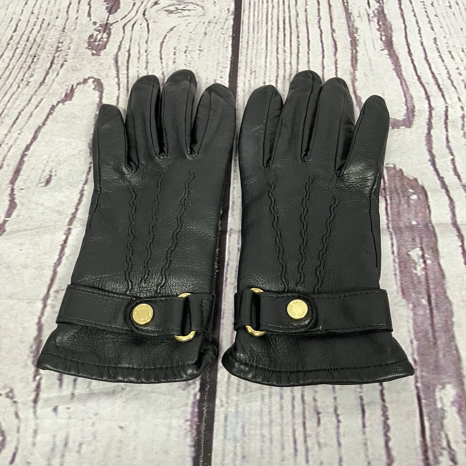 Ralph Lauren Black Leather Driving Gloves Gold Snap Strap Women Classic Small