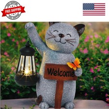 Garden Statue Solar Cat Figurine with LED Lantern, Mothers Day 10" Resin Kitt...