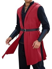 Mens Renaissance Red Costume Surcoat Medieval Sleeveless Hooded Cloak for LARP