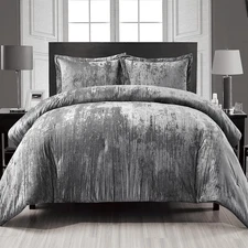 Crinkle Velvet Comforter Set, 3 Pieces Grey King, Crinkle Velvet Face and Brushe