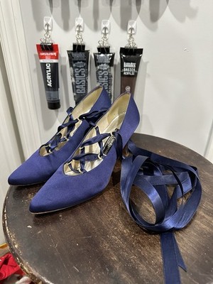 Vintage 1980s Stuart Weitzman Blue Satin Lace Up Pumps Size 8