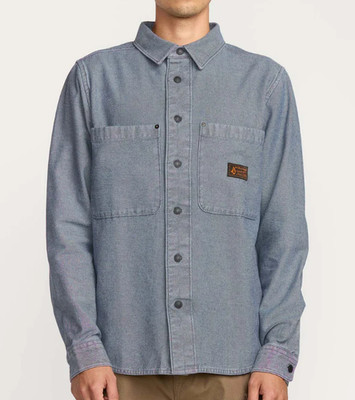 Volcom Men's Levelstone Blue Wash 100% Cotton Long Sleeve Button Up Shirt Sz XL