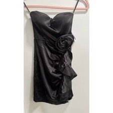 Windsor Black Satin Rosette Ruffle Strapless Mini Dress D3682-BLACK Small NWT