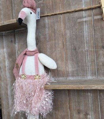 Samt Figur Flamingo 58 cm Weiß Rosa Mütze Gold Dekofigur XXL Flamingos Figuren