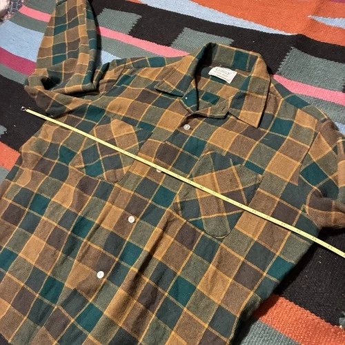 60s Long Sleeve Button Up Green Plaid Flannel Campus Wool Blend Size Large