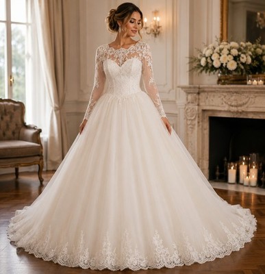 UK Übergröße weiß/elfenbein Langarm Spitze A-Linie Brautkleid Größe 6-22