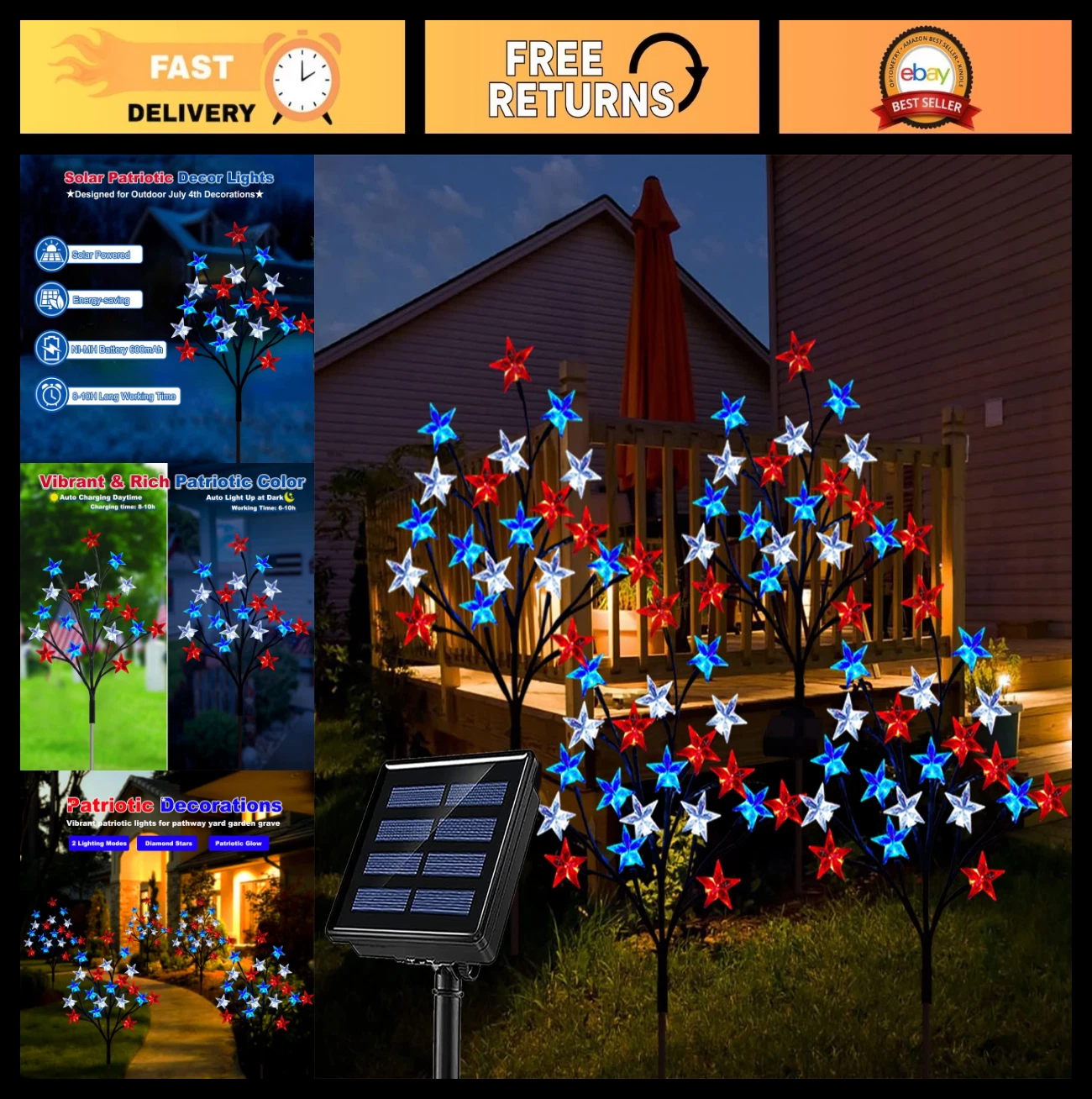 4th of July Solar Decorations - 8 Modes Red White Blue Star Stake Lights, Waterp
