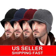 Winter Beanie w/Visor & Earflaps for Men Outdoor Warm Trapper Hat Cap Newsboy
