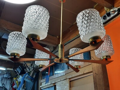 Deckenlampe Leuchte Spinne 6flammig Teak,Messing &Glas Danish Design Mid-Century