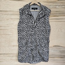 Ashley Mason Womens Medium Tan Leopard Hooded Full Zip Drawstring Tunic Vest