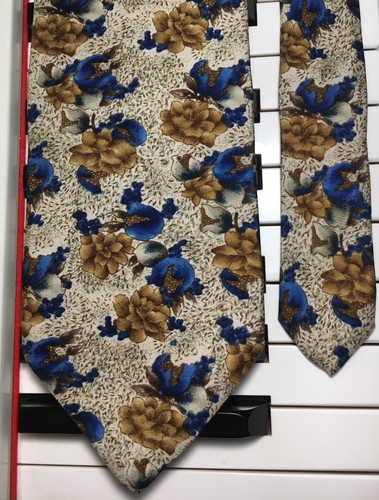 MONSIEUR GIVENCHY /Fruit & Foliate Fantasy Silk Tie In Blue & Brown on Off-White - Picture 2 of 7