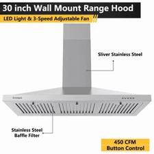 36 inch Wall Mount Range Hood 450CFM Stainless Steel Kitchen Stove Vent LED New