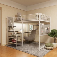 Full Size Metal Loft Bed with Desk,Storage Shelves & LED Light for Teens Adults