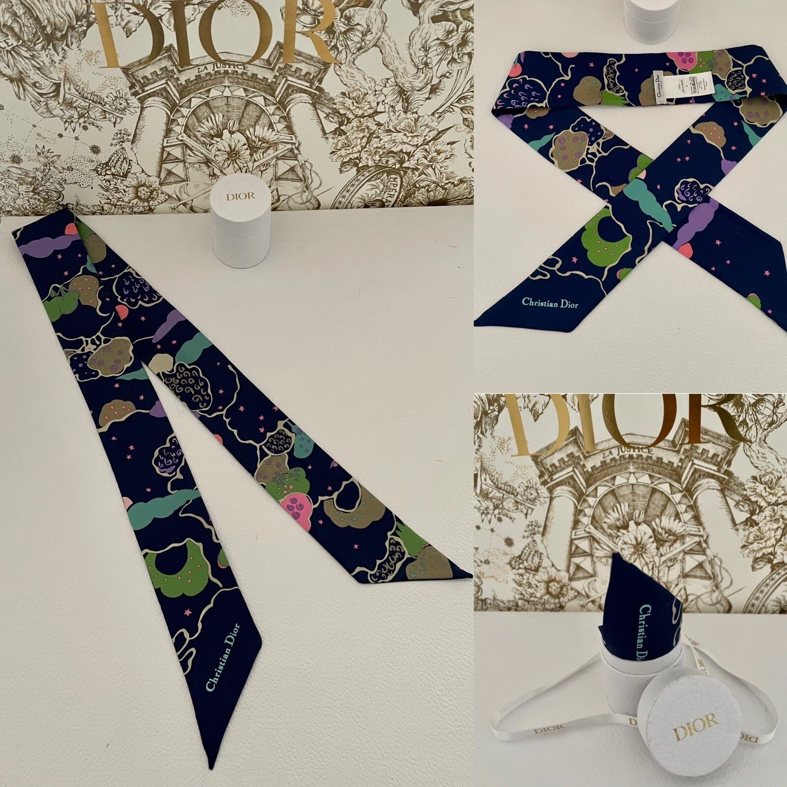 Écharpe en soie sergé Christian Dior Ciel De Rive rose marine multicolore mitsa neuve avec étiquettes