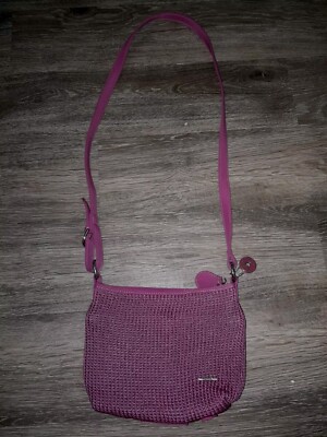 The Sak Pink Crochet Drawstring Backpack Boho Flower Charm Berry Knit Bag Free Easy Red Heart Crochet Flower Power Backpack Pattern  main image 4