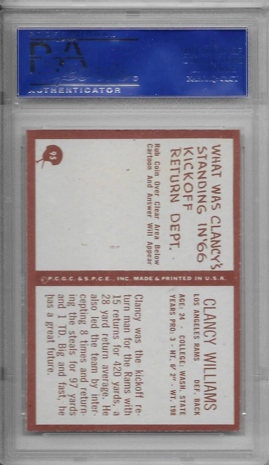 1967 PHILADELPHIA FOOTBALL RC Clancy Williams #95 PSA 8 NM-MT Los Angeles Rams - Image 2 of 2
