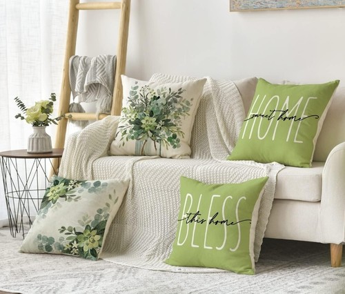Home Sweet Home Eucalyptus Leaves Green Throw Pillow Covers 18"x18" - Picture 3 of 11