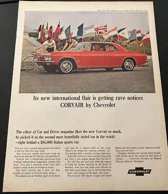 Red 1965 Chevrolet Corvair Monza Sport Sedan - Vintage Chevy Print Ad Wall Art