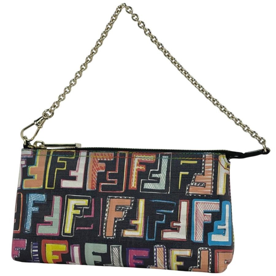 FENDI Zucchino Chain Pouch Handbag Coated Canvas Black Multicolor 8BR592 #BS1201