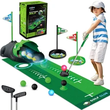 Kids Toy Golf Club Set with LED Automatic Ball Returner, Golf Putting Mat Toddle