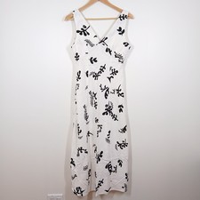Paper Heart Dress Women Medium White Black Linen Floral Sleeveless V Neck