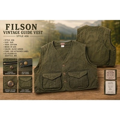 Filson Vintage Guide Vest Style 436 Olive Green Waxed Cotton Mens Size SUP USA
