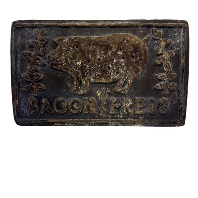 Bacon Press Cast Iron Embossed Pig Vines Design Wood Handle Vintage Heavy Duy