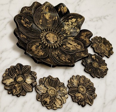 Handgefertigte Lotus Schüssel Tablett schwarz gold 5 Untersetzer Set Blumen Getränke Matten Geschenk UK