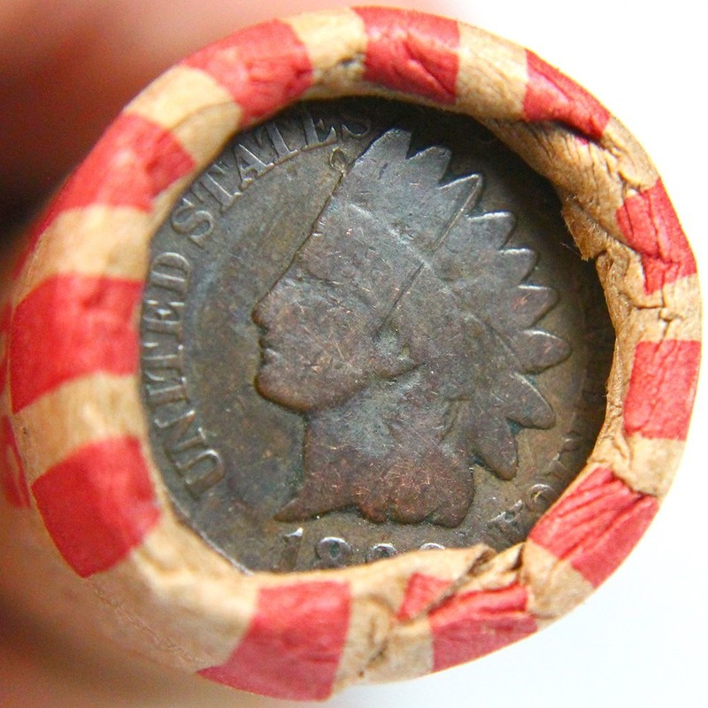 1800's Dated Indian Head Penny Showing On End Of 50 Coin Wheat Cent Roll a-19