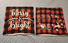 Lot Of 2 Outdoor Pillow Covers Christmas Reindeer Red  Black 17"x17"
