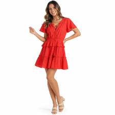 NSR Womens Dress Sz XS Red Eyelet Tiered Ruffle Boho Cottagecore Coastal Summer