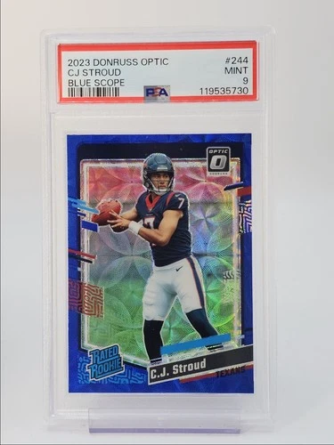 C.J. STROUD 2023 DONRUSS OPTIC RATED ROOKIE BLUE SCOPE RC PSA 9 Q0004